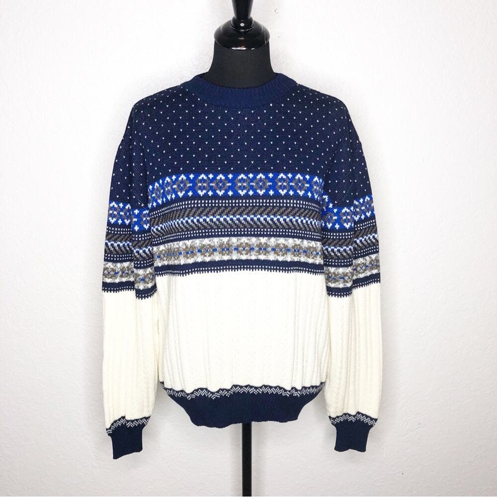 Vintage Rob Winter navy blue cream mixed knit fair isle sweater size Large